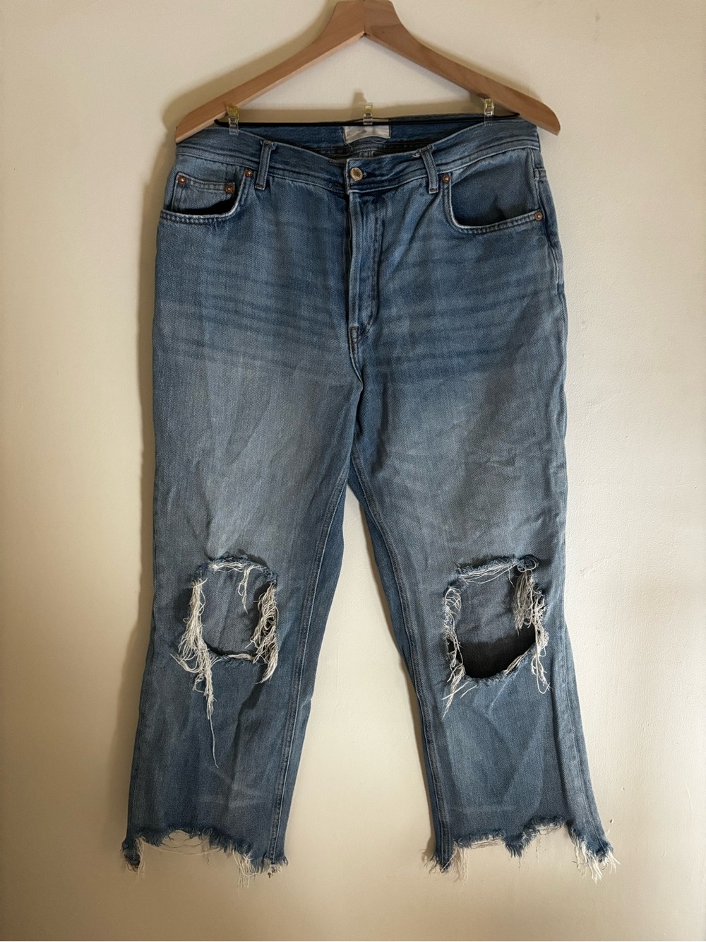 We The Free Straight Jeans Women's 31 Blue Button Fly Mid Rise Crop Distressed